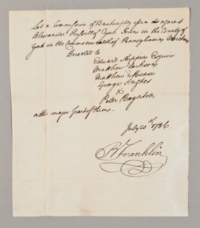 Konkurzní komise, 20. července 1786 (pero a inkoust na papíře) (viz také 2561291-93) od Benjamin Franklin