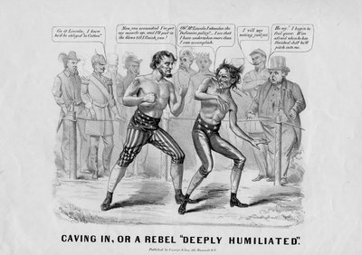 Caving in, nebo, A rebel „hluboce ponížený“, vydal Currier und Ives, New York, kolem roku 1864 (litografie) od Benjamin Harris Day