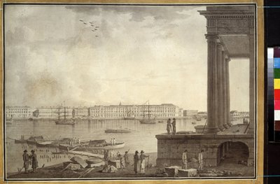 Pohled na Zimní palác a burzu v Petrohradu. Dílo Benjamina Patersena (1748-1815), tužka a inkoust na papíře, cca 1790. Švédské umění od Benjamin Patersson