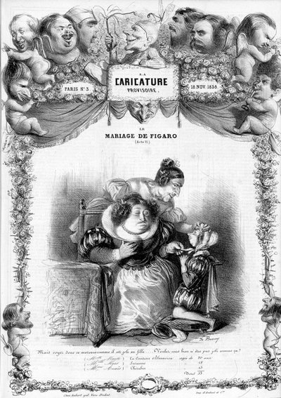Figarovo sňatek, dějství 11, s postavami Suzanne a hraběnky Almaviva: “” _ ale viďte, jak je ten prcek hezký jako holka... nebudeš takhle hezká? "" ilustrace, 1838. od Benjamin Roubaud
