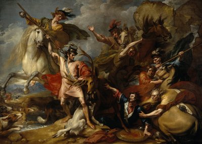 Alexandr III. Skotský zachráněný před zuřivostí jelena neohrožeností Colina Fitzgeralda („Smrt jelena“) od Benjamin West