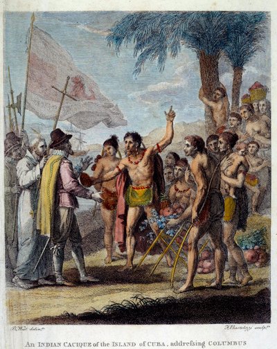 Indián Cacique z ostrova Kuba vítá Kryštofa Kolumba (1451-1506) a evropské vojenské a církevní představitele, aby diskutovali o vytvoření nového státu. Frontispice „Občanské a obchodní historie britských kolonií W od Benjamin West