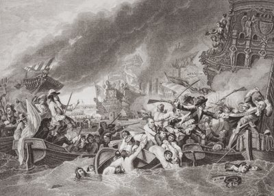 Bitva u La Hogue, zničení francouzské flotily, 22. května 1692, z „Ilustrace anglické a skotské historie“ svazek II od Benjamin West