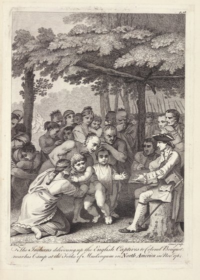 Indiáni předávají anglické zajatce plukovníku Bouquetovi poblíž jeho tábora ve Forks of Muskingham v Severní Americe v listopadu 1764 od Benjamin West