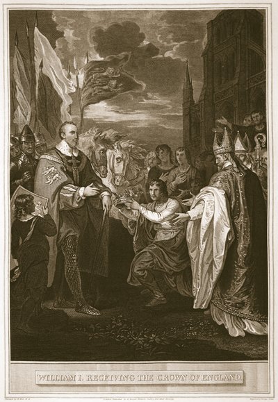 William I. přebírá korunu Anglie, vyrytý Georgem Noblem, ilustrace z pubu Davida Humea 