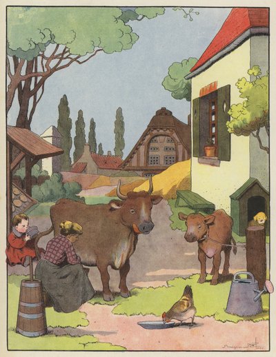 Žena dojící krávu na hospodářském dvoře od Benjamin Rabier