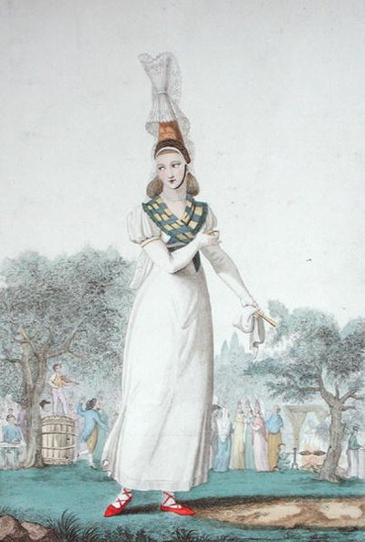 Cauchoise v tradičním kroji pro sváteční dny, vyrytý Gatinem kolem roku 1830 (barva litho) od Benoit (after) Pecheux