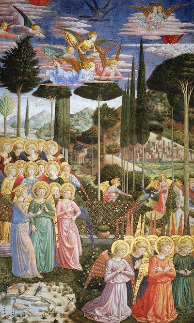 Andělé v nebeské krajině, levá stěna apsidy, z cyklu Cesta tří králů v kapli kolem .1460 (podrobnosti viz 83051) od Benozzo di Lese di Sandro Gozzoli