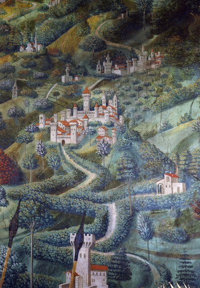 Hrady, detail krajiny z Procesí tří králů od Benozzo di Lese di Sandro Gozzoli