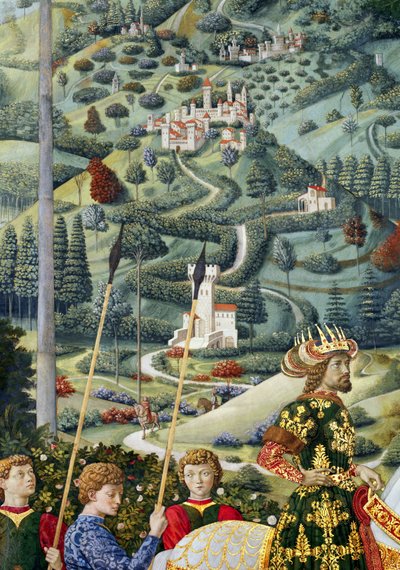 Fantastická krajina, detail z cyklu Cesta tří králů v kapli, kolem roku 1460 od Benozzo di Lese di Sandro Gozzoli