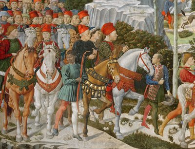 Galeazzo Maria Sforza, vévoda z Milána (1444-76), krajní levice, na hnědém koni a Sigismondo Pandolfo Malatesta, vládce Rimini (1417-68) vedle něj na šedém koni, detail z Cesty M od Benozzo di Lese di Sandro Gozzoli