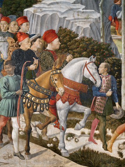 Portréty Piera deMedici na mezku, centrum Cosimo de Medici a vévoda Salviati na koni, detail z cyklu Cesta tří králů v kapli, detail fresky kolem roku 1460 z 70619 od Benozzo di Lese di Sandro Gozzoli