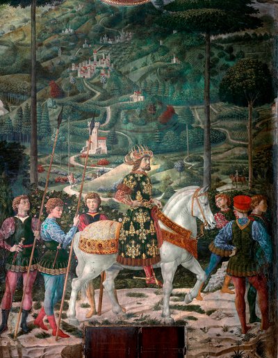 Byzantský císař „Cesta mágů“. Cortege of the Magi of Jerusalem a Bethleem italsky nazývá „Viaggio dei Magi“ nebo „Cavalcata dei Magi“. detail představující paleologa byzantského císaře Jana VIII. (1392-1448). Detail. Freska Mag od Benozzo di Lese di Sandro Gozzoli