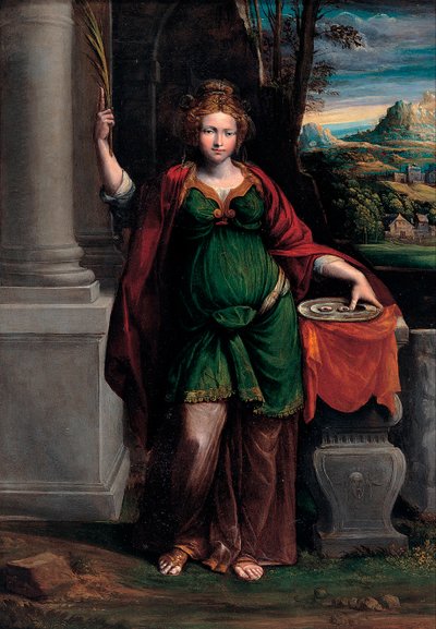 Svatá Lucie (ze Syrakus) (počátek 4. století) držící podnos se dvěma očima (Svatá Lucie) - Obraz Benvenuto Tisi da Garofalo (Il Garolafo) (1481-1559), olej na dřevě, 63x44 cm od Benvenuto Tisi da Garofalo