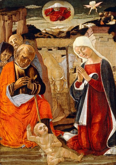 Narození Páně se zvěstováním pastýřům v dálce, od Benvenuto di Giovanni