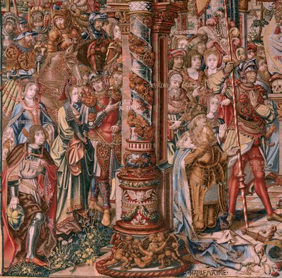 Vlámský gobelín. Seriál Vyznamenání. Víra (La Fe). První tapisérie v sérii. Modelové karikaturisty z okruhu Bernarda van Orleyho a Jana Gossaerta (Mabuse). Výroba Pieter van Aelst, Brusel. Cca 1550. Látka Zlato, stříbro, hedvábí a vlna. od Bernaert van (circle of) Orley