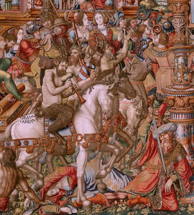 Vlámský gobelín. Seriál Vyznamenání. Hanba (La Infamia). Šestá tapisérie v sérii. Modelové karikaturisty z okruhu Bernarda van Orleyho a Jana Gossaerta (Mabuse). Výroba Pieter van Aelst, Brusel. Cca 1550. Látka Zlato, stříbro, hedvábí a vlna. od Bernaert van (circle of) Orley