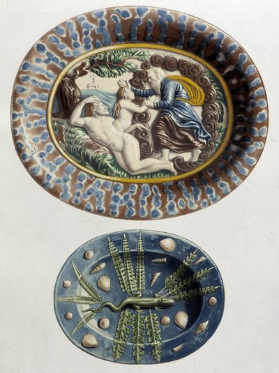 Bůh tvoří Evu z Adamova stehna; Ještěrka - keramické nádobí, v „Dílo Bernarda Palissyho“ od C. Delange a C. Bornemana, Paříž od Bernard (after) Palissy