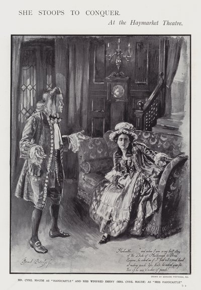 Představení komedie Olivera Goldsmitha Ona se sklání, aby dobyla v Haymarket Theatre v Londýně (litho) od Bernard (after) Partridge