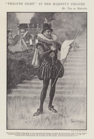 Herbert Beerbohm Tree jako Malvolio v inscenaci Shakespearovy Twelth Night in Her Majesty