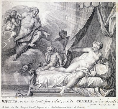 Jupiter (Zeus) spálí Semele svým bleskem. Rytina 18. století podle kresby B. Picarta z roku 1708. od Bernard (after) Picart