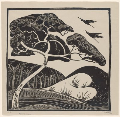 Krajina po dunách (název na objektu) Strom se 2 volavkami (název na objektu) od Bernard Essers (signed by artist)