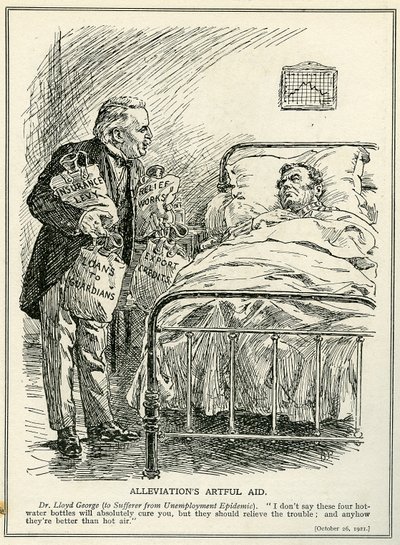 Dr Lloyd George navrhuje vyléčit postiženého z epidemie nezaměstnanosti pomocí čtyř lahví s horkou vodou, ‚Insurance Levy‘, ‚Relief Works‘, ‚Loans‘ a ‚Export Credits‘ od Bernard John Partridge