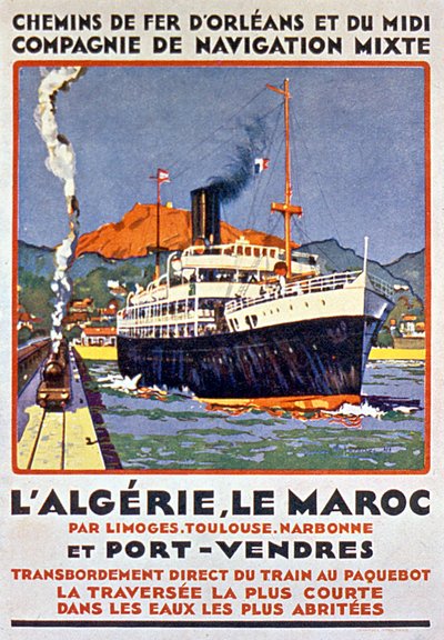 Reklamní plakát na francouzskou železnici do Alžírska a Maroka z Francie přes Limoges Toulouse Narbonne a Port Vendres, cca 1900. od Bernard Lachevre