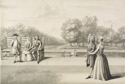 Postavy na břehu Long Water, palác Hampton Court (šedé omytí perem a inkoustem přes tužku na papíře) od Bernard Lens