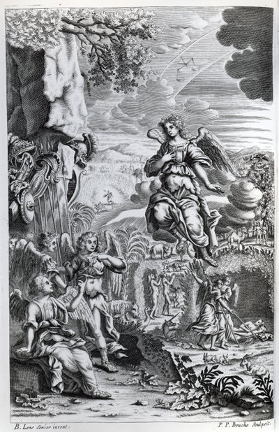 Archanděl Uriel informuje Gabriela, že Satan je v rajské zahradě, ilustrace z ‚Ztracený ráj‘ od Johna Miltona, vyrytý P.P Bouche, šesté vydání, 1695 od Bernard Lens