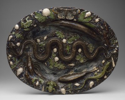 Rustikální nádobí: Miska se zvířecími a rostlinnými ozdobami, druhá polovina 16. stol od Bernard Palissy