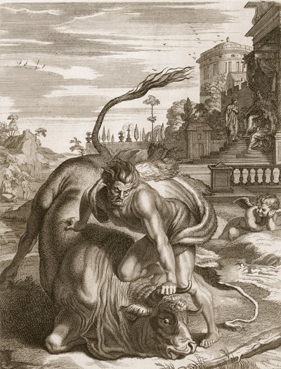 Achelous ve tvaru býka je poražen Herculesem, 1731 od Bernard Picart