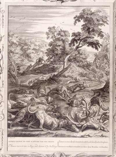 Actaeon proměněný v jelena a sežraný svými psy, 1731 od Bernard Picart