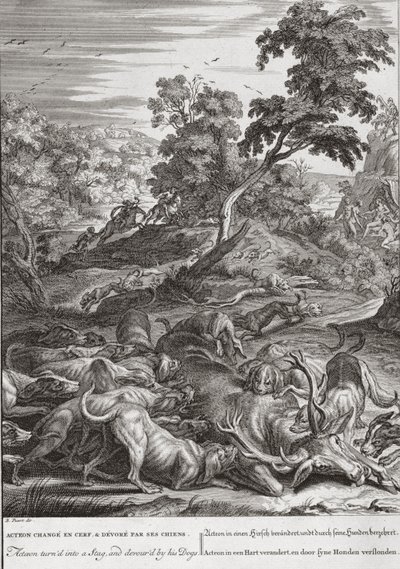 Actaeon se v roce 1731 proměnil v jelena a pohltil ho jeho psi od Bernard Picart