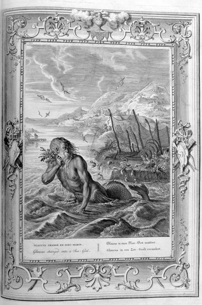 Glaucus se mění z člověka na boha moře (rytina) od Bernard Picart
