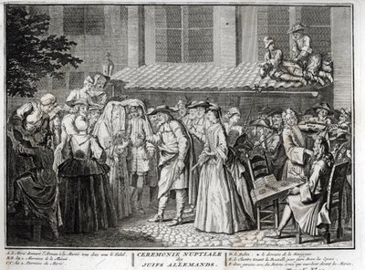 Židovská svatba v židovské německé komunitě Rytina z „“ Illustration de ceremonies et zvyk religieuses de les peuples du monde“ od Bernarda Picarta (1723-1743) 1819 Soukromá sbírka od Bernard Picart