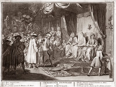 Židovská svatba v židovské portugalské komunitě Rytina z „“ Ilustrace obřadů a náboženských zvyků všech národů světa““ od Bernarda Picarta (1723-1743) 1819 Soukromá sbírka od Bernard Picart