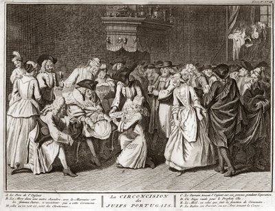 Judaismus: obřízka v židovské portugalské komunitě Rytina z „“ Ilustrace obřadů a náboženských zvyků všech národů světa““ od Bernarda Picarta (1723-1743) 1819 Soukromá sbírka od Bernard Picart