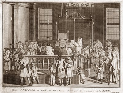 Judaismus: vystavení Tóry v synagoze před čtením) Rytina z „“ Illustration de ceremonies et zvyk religieuses de tous les peuples du monde““ od Bernarda Picarta (1723-1743) 1819 Soukromá sbírka od Bernard Picart