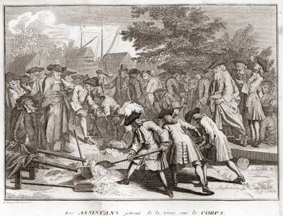 Judaismus: pomocníci při pohřbu házejí na tělo zeminu (židovský pohřeb) Rytina z „“ Ilustrace náboženských obřadů a zvyků všech národů světa““ od Bernarda Picarta (1723-1743) 1819 Soukromá sbírka od Bernard Picart
