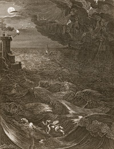 Leandr se plaví přes Hellespont za svou milenkou Hrdinkou, 1730 od Bernard Picart