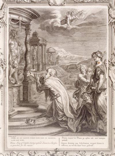 Oeneus, král Kalydonu, který při obětování zanedbal Dianu, je potrestán za svou bezbožnost, 1731 od Bernard Picart