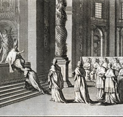 Slavnostní inaugurace pontifikátu „“ Klanění papeže na Velkém oltáři sv. Petra, Vatikán““ (Papežská inaugurace: Uctívání papeže nad velkým oltářem sv. Petra) Rytina z „“ Ilustrace náboženských obřadů a zvyků A od Bernard Picart