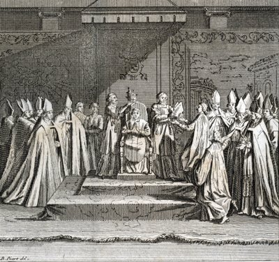 Slavnostní inaugurace pontifikátu „“ Representation du coronation du pope““ (papežská inaugurace: korunovace papeže) Rytina z „“ Ilustrace obřadů a náboženských zvyků všech národů světa““ od Bernarda Picarta (1723-1743) od Bernard Picart