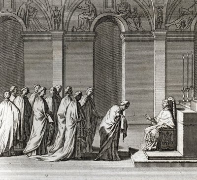 Slavnostní inaugurace pontifikátu: „“ Klanění papeže v Sixtinské kapli““ (Papežská inaugurace: Uctívání papeže v Sixtinské kapli) Rytina z „“ Ilustrace obřadů a náboženských zvyků všech národů světa““ od Bernard Picart