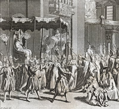 Slavnostní inaugurace pontifikátu: spálení látky) Rytina z „Illustration de ceremonies et celní religieuses de tous les peuples du monde“ od Bernarda Picarta (1723-1743) 1819 Soukromá sbírka od Bernard Picart