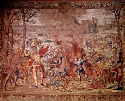 Maximilienovy hony zvané „Krásné hony na masku“: měsíc leden, Vodnář, lov divočáků, flambee, cure – Tapiserie vyrobená ve vlámských dílnách Bernardem van Orleym (Barend, Barent, Bernaert van Brussel od Bernard van (after) Orley
