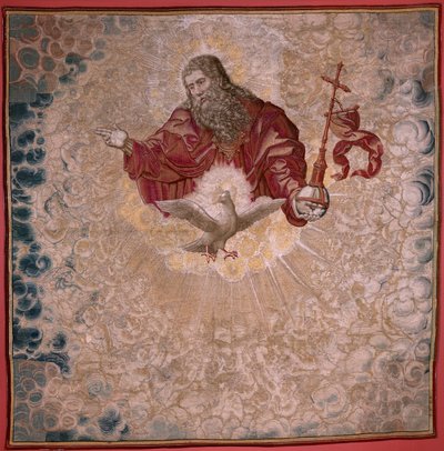 Vlámský gobelín. Série Dais of Charles V (Baldachýn Markéty Rakouské). Bůh Otec a Duch svatý (El Padre Eterno y el Espíritu Santo). Gobelínový baldachýn na pódiu. Model Bernard van Orley (1491-1542). Výrobce Pieter de Pannemaker, od Bernard van Orley