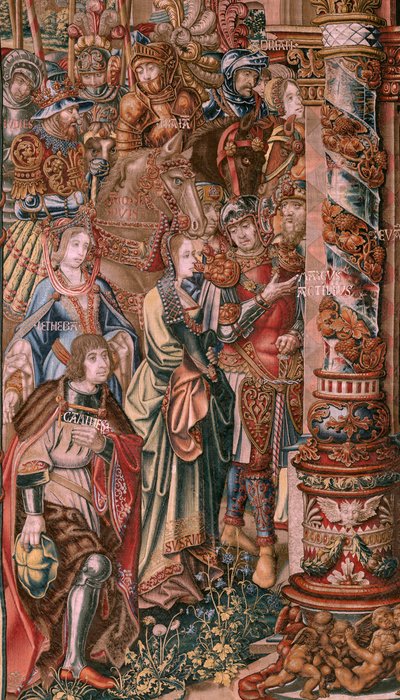 Vlámský gobelín. Seriál Vyznamenání. Víra (La Fe). První tapisérie v sérii. Modelové karikaturisty z okruhu Bernarda van Orleyho a Jana Gossaerta (Mabuse). Výroba Pieter van Aelst, Brusel. Cca 1550. Látka Zlato, stříbro, hedvábí a vlna. od Bernard van Orley