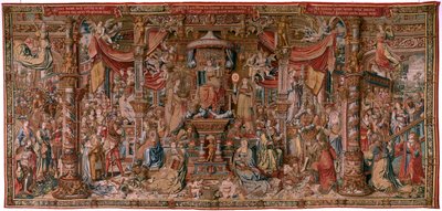 Vlámský gobelín. Seriál Vyznamenání. Víra (La Fe). První tapisérie v sérii. Modelové karikaturisty z okruhu Bernarda van Orleyho a Jana Gossaerta (Mabuse). Výroba Pieter van Aelst, Brusel. Cca 1550. Látka Zlato, stříbro, hedvábí a vlna. od Bernard van Orley